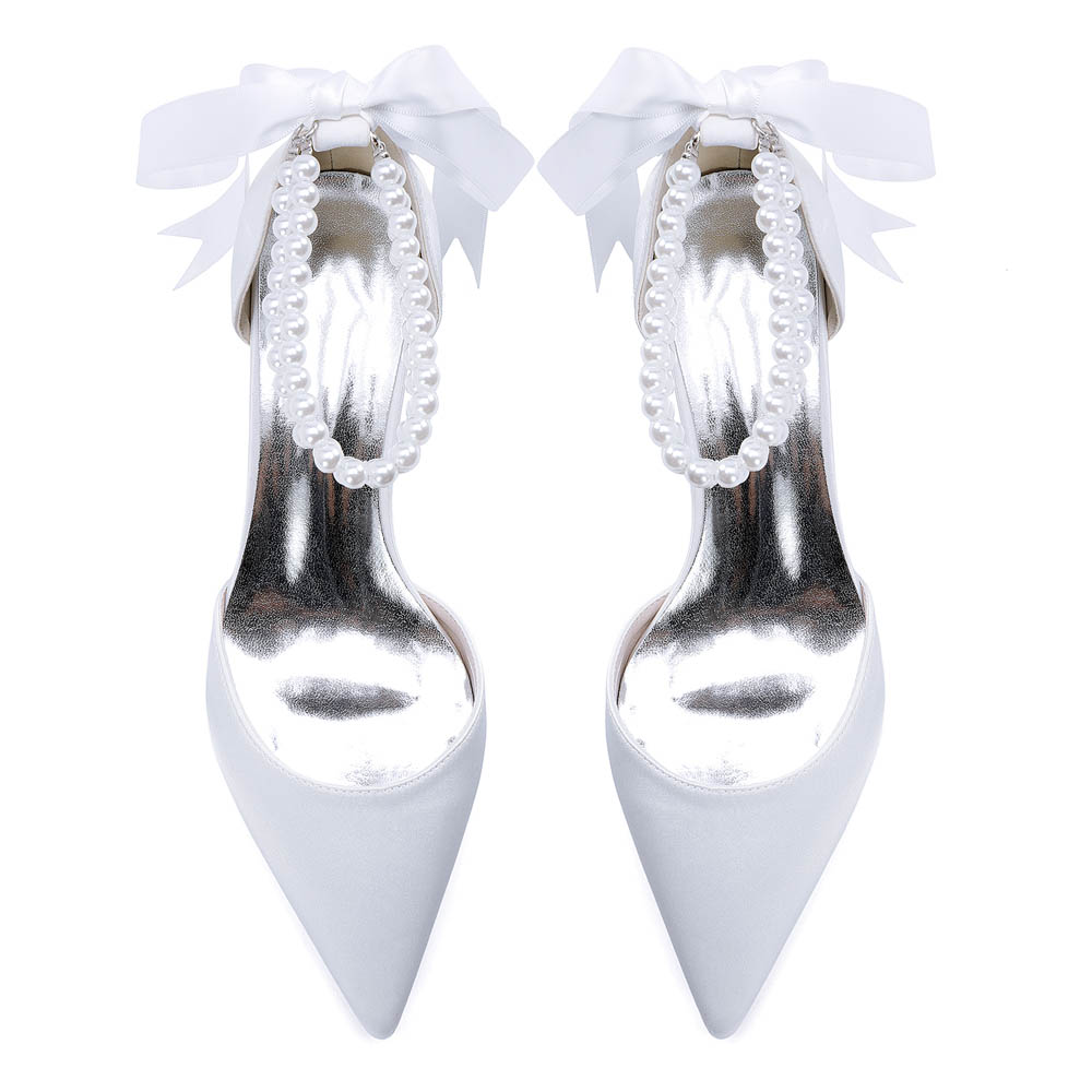 Low Heel Silk Like Satin Point Toe Wedding Shoes With Imitation Pearl