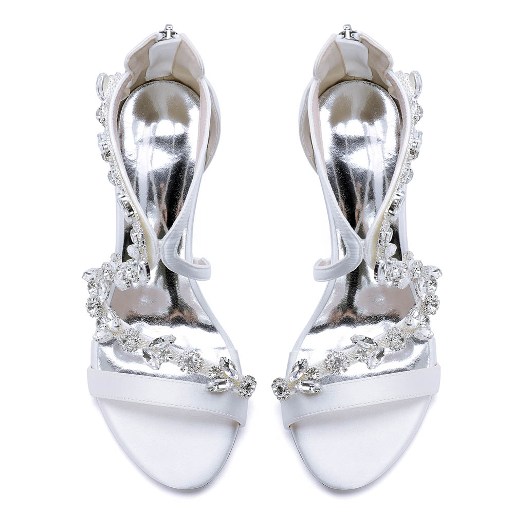 Chunky Heel Silk Like Satin Open Toe Wedding Shoes With Rhinestone