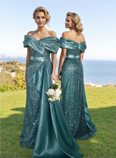 Sheath/Column Silk Like Satin/Sequined Bridesmaid Dresses With High Split