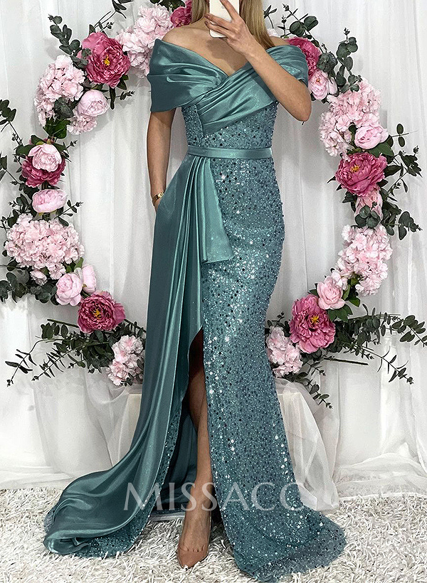 Sheath/Column Liquid Satin/Sequined Bridesmaid Dresses With High Split