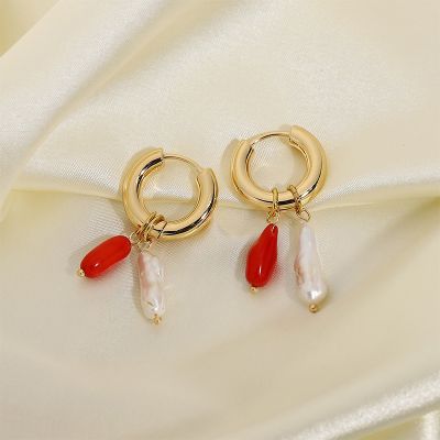 Natural Coral Stone Pearl Dangle Earrings