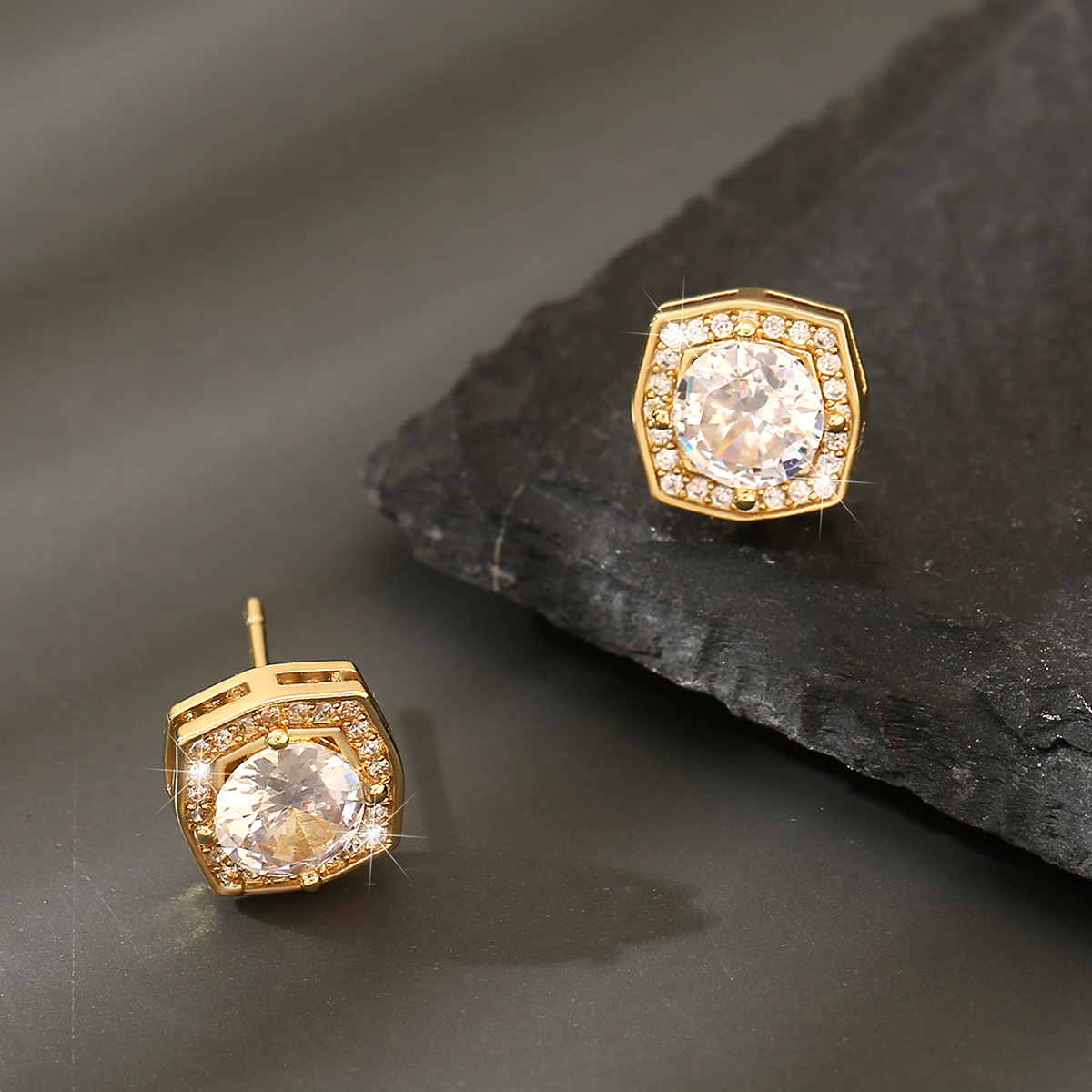 Copper And Zirconium Square Round Earrings