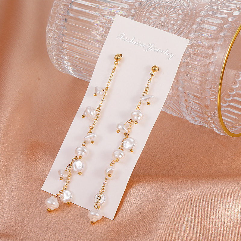 Long Pearl Tassel Drop Earrings