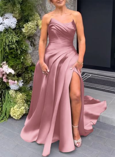 Elegant Cowl Neck Pleated High Split A-Line Sweep Train Satin Evening Dresses