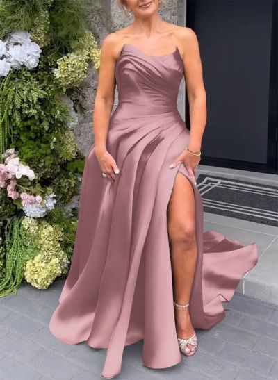Elegant Cowl Neck Pleated High Split A-Line Sweep Train Satin Evening Dresses Elegant Cowl Neck Pleated High Split A-Line Sweep Train Satin Evening Dresses