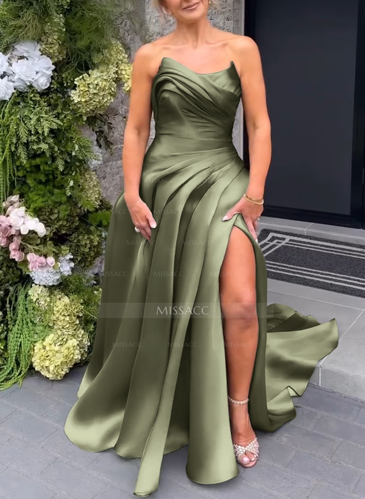 Elegant Cowl Neck Pleated High Split A-Line Sweep Train Satin Evening Dresses