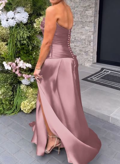 Elegant Cowl Neck Pleated High Split A-Line Sweep Train Satin Evening Dresses Elegant Cowl Neck Pleated High Split A-Line Sweep Train Satin Evening Dresses