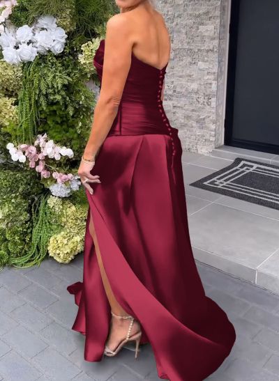 Elegant Cowl Neck Pleated High Split A-Line Sweep Train Satin Evening Dresses Elegant Cowl Neck Pleated High Split A-Line Sweep Train Satin Evening Dresses