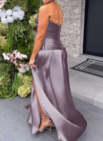 Elegant Cowl Neck Pleated High Split A-Line Sweep Train Satin Evening Dresses Elegant Cowl Neck Pleated High Split A-Line Sweep Train Satin Evening Dresses