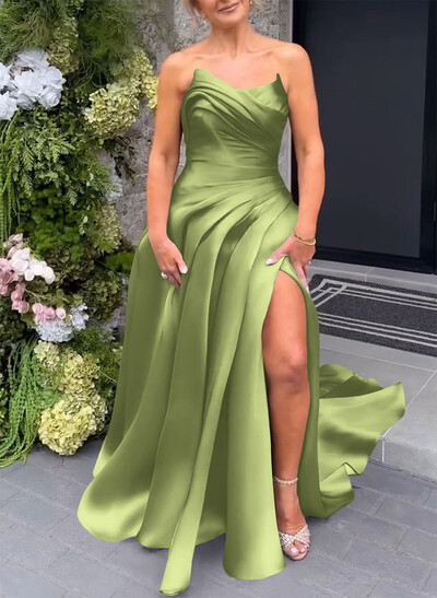 Elegant Cowl Neck Pleated High Split A-Line Sweep Train Satin Evening Dresses Elegant Cowl Neck Pleated High Split A-Line Sweep Train Satin Evening Dresses