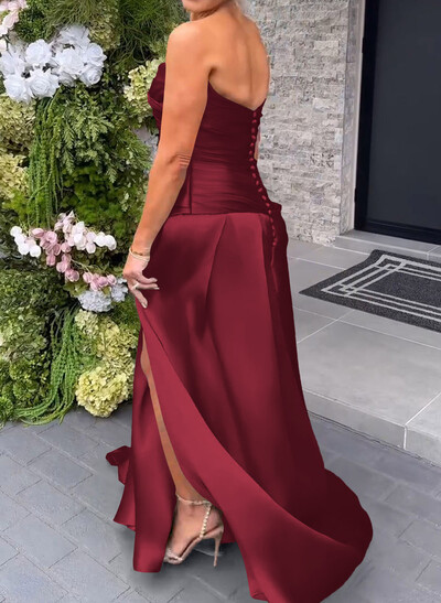 A-Line Cowl Neck Sleeveless Court Train Satin Evening Dresses With Pleated/High Split