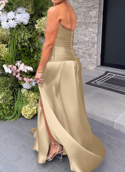 A-Line Cowl Neck Sleeveless Court Train Satin Evening Dresses With Pleated/High Split