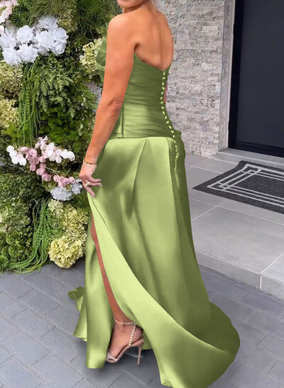 Elegant Cowl Neck Pleated High Split A-Line Sweep Train Satin Evening Dresses Elegant Cowl Neck Pleated High Split A-Line Sweep Train Satin Evening Dresses