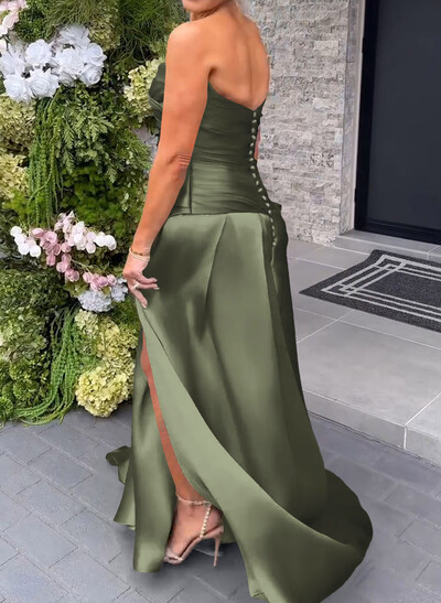 Elegant Cowl Neck Pleated High Split A-Line Sweep Train Satin Evening Dresses