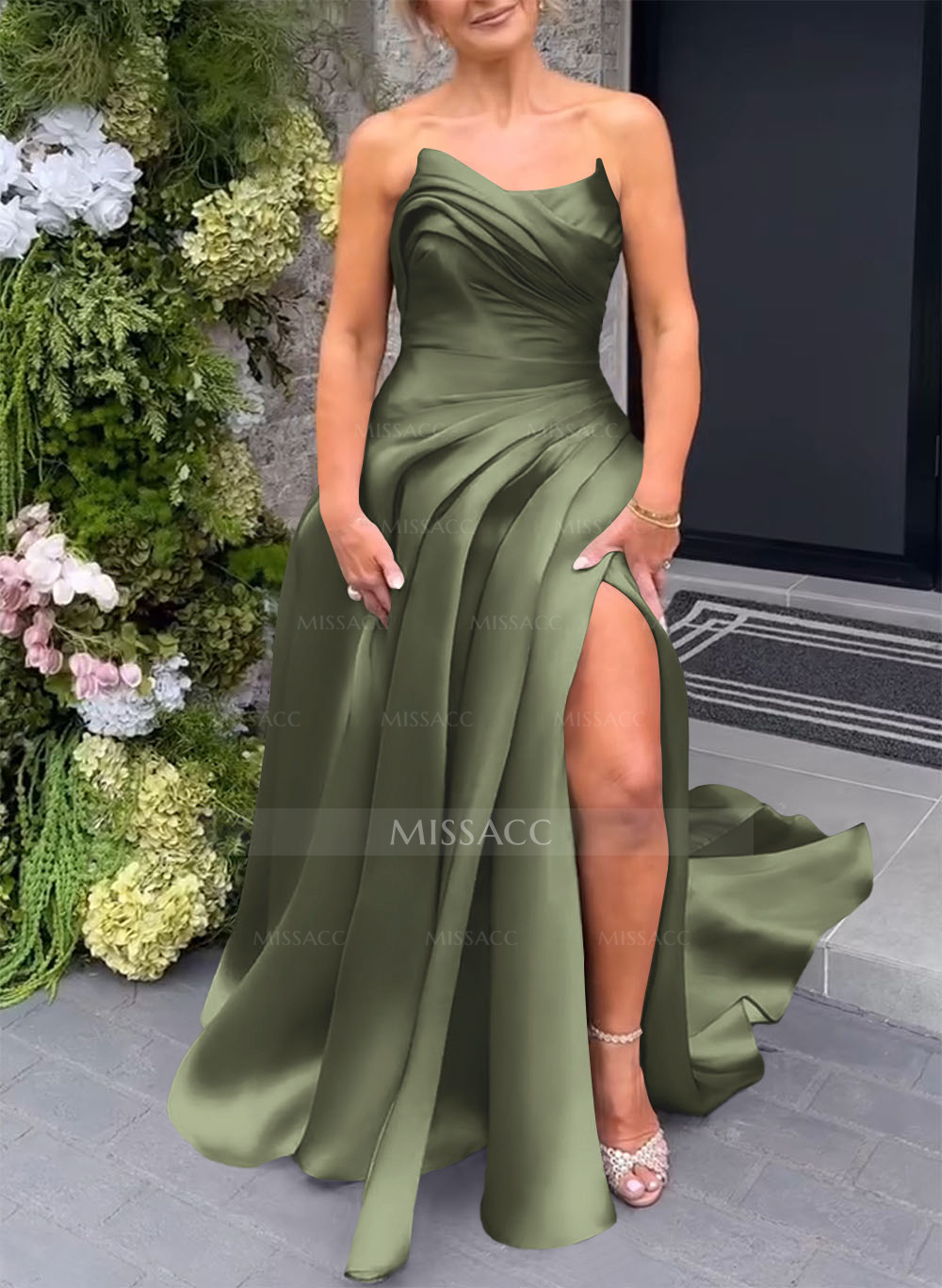 Elegant Cowl Neck Pleated High Split A-Line Sweep Train Satin Evening Dresses