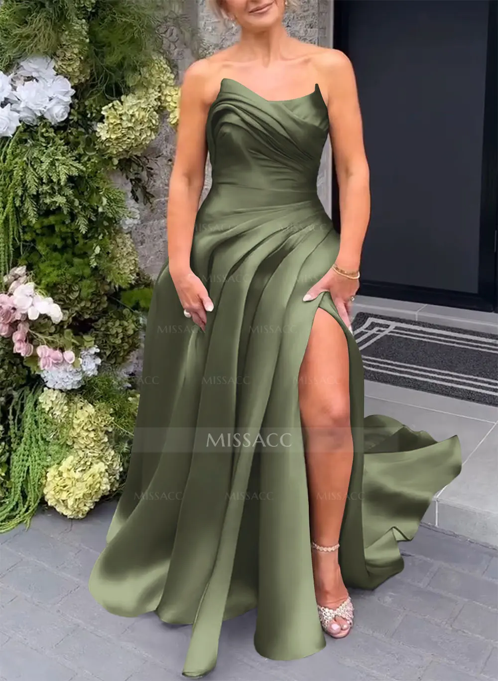 Elegant Cowl Neck Pleated High Split A-Line Sweep Train Satin Evening  Dresses - Missacc