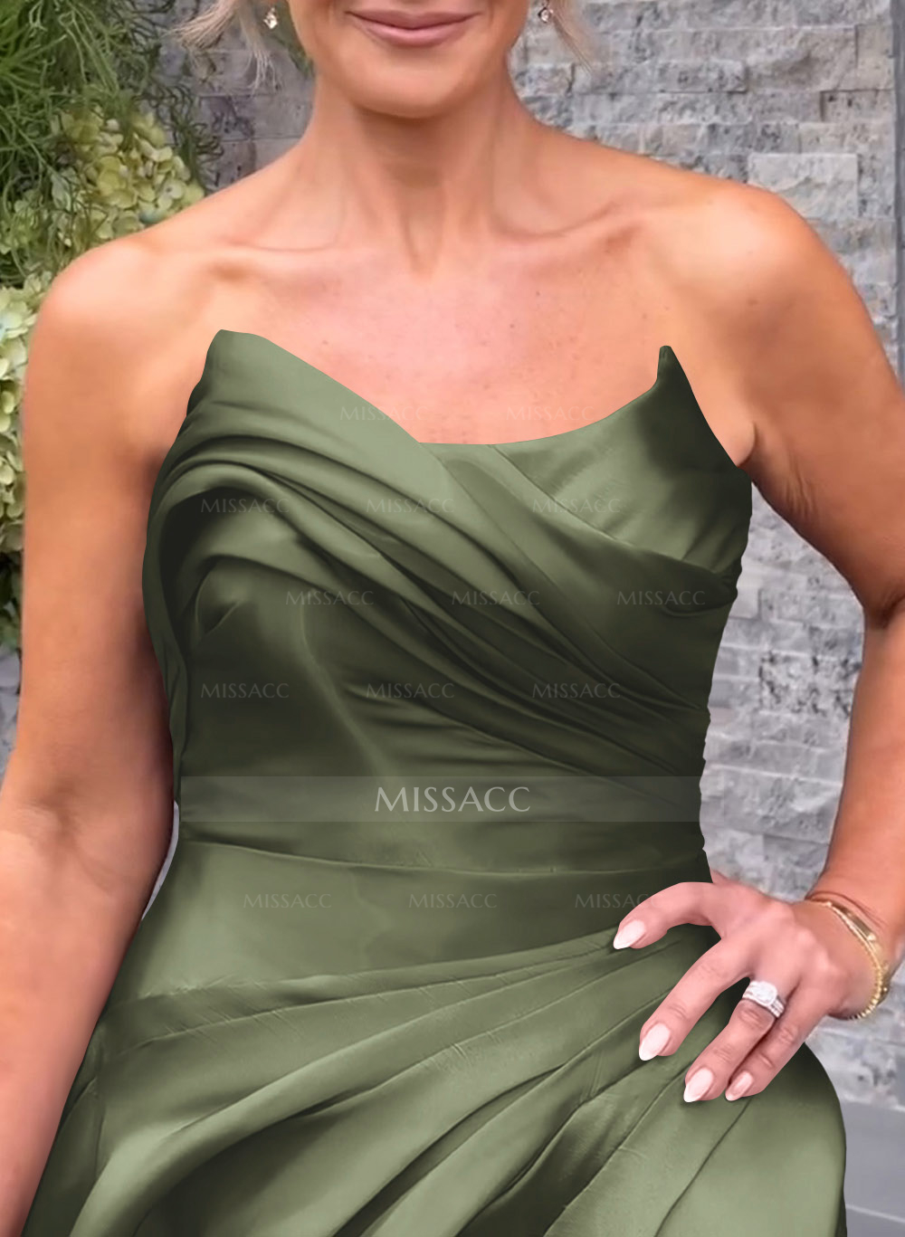 Elegant Cowl Neck Pleated High Split A-Line Sweep Train Satin Evening Dresses