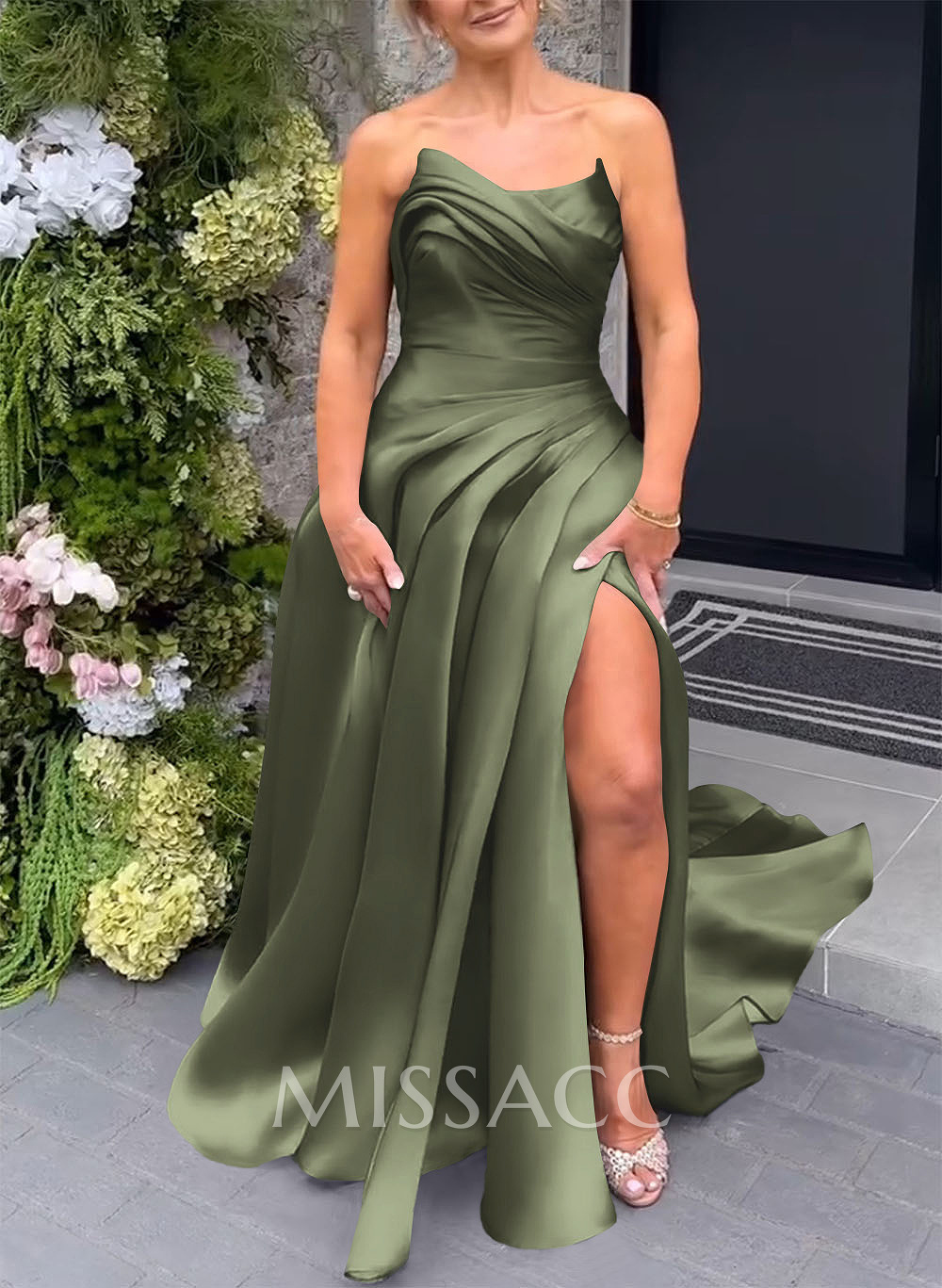 Elegant Cowl Neck Pleated High Split A-Line Sweep Train Satin Evening Dresses