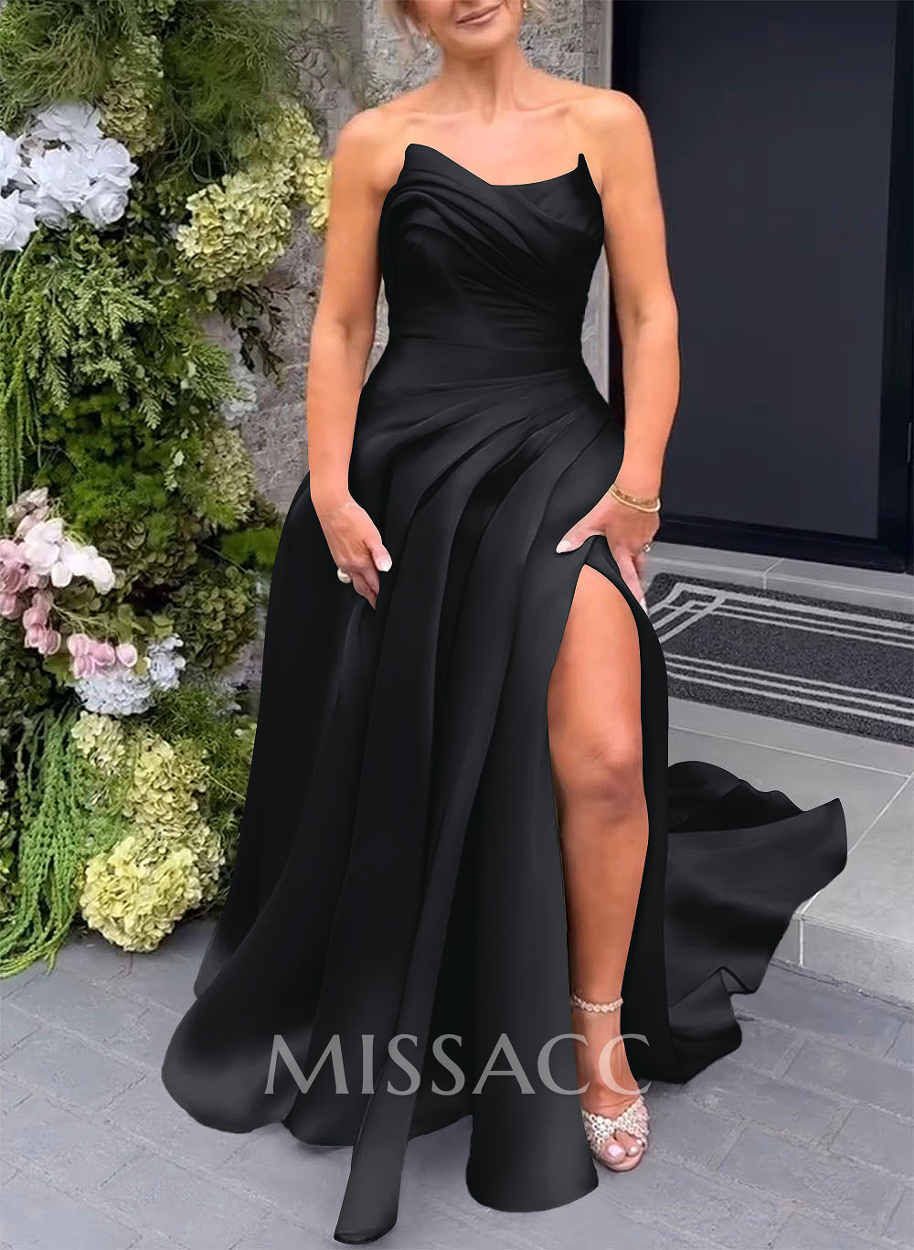 Elegant Cowl Neck Pleated High Split A-Line Sweep Train Satin Evening Dresses