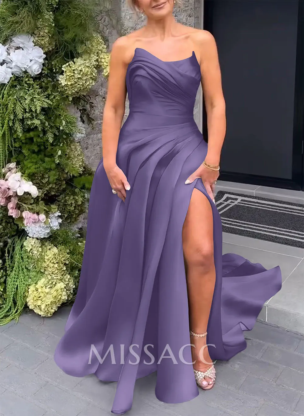 Elegant Cowl Neck Pleated High Split A-Line Sweep Train Satin