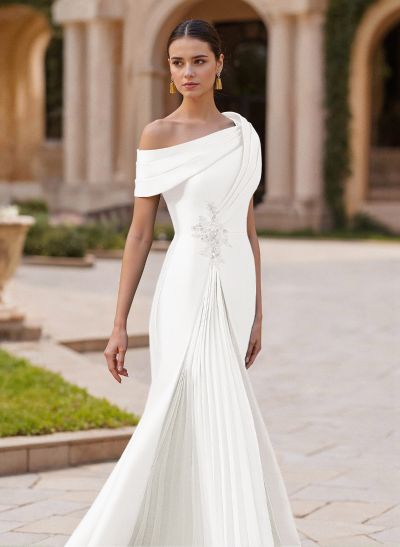 Elegant Asymmetrical Neckline Pleated Sweep Train Satin/Chiffon Evening Dresses Elegant Asymmetrical Neckline Pleated Sweep Train Satin/Chiffon Evening Dresses
