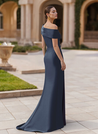 Elegant Asymmetrical Neckline Pleated Sweep Train Satin/Chiffon Evening Dresses