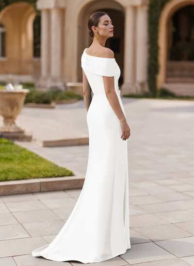 Elegant Asymmetrical Neckline Pleated Sweep Train Satin/Chiffon Evening Dresses Elegant Asymmetrical Neckline Pleated Sweep Train Satin/Chiffon Evening Dresses