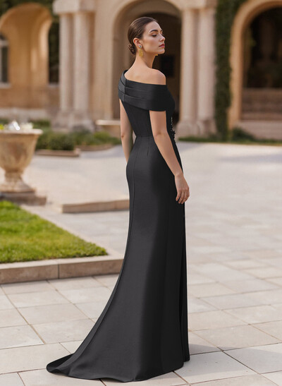 Elegant Asymmetrical Neckline Pleated Sweep Train Satin/Chiffon Evening Dresses
