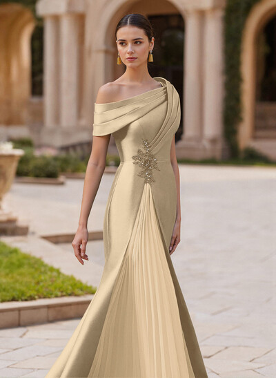 Elegant Asymmetrical Neckline Pleated Sweep Train Satin/Chiffon Evening Dresses Elegant Asymmetrical Neckline Pleated Sweep Train Satin/Chiffon Evening Dresses