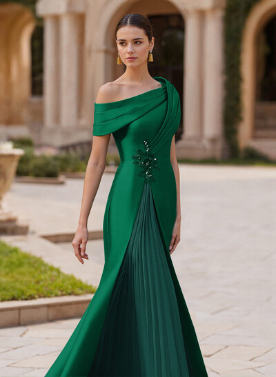 Elegant Asymmetrical Neckline Pleated Sweep Train Satin/Chiffon Evening Dresses