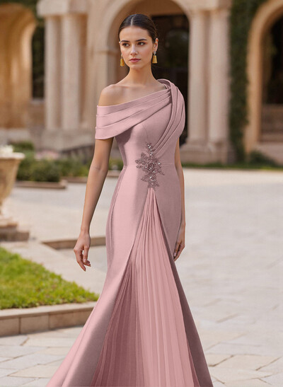 Elegant Asymmetrical Neckline Pleated Sweep Train Satin/Chiffon Evening Dresses