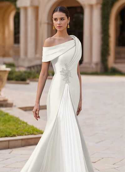 Elegant Asymmetrical Neckline Pleated Sweep Train Satin/Chiffon Evening Dresses Elegant Asymmetrical Neckline Pleated Sweep Train Satin/Chiffon Evening Dresses