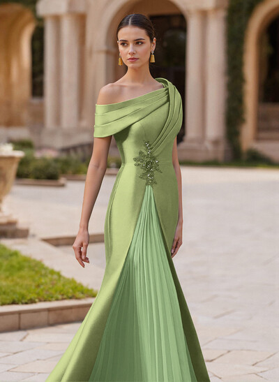Elegant Asymmetrical Neckline Pleated Sweep Train Satin/Chiffon Evening Dresses Elegant Asymmetrical Neckline Pleated Sweep Train Satin/Chiffon Evening Dresses