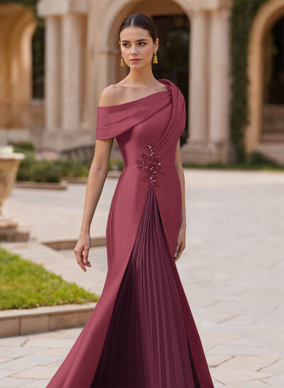 Elegant Asymmetrical Neckline Pleated Sweep Train Satin/Chiffon Evening Dresses Elegant Asymmetrical Neckline Pleated Sweep Train Satin/Chiffon Evening Dresses