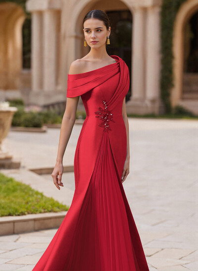 Elegant Asymmetrical Neckline Pleated Sweep Train Satin/Chiffon Evening Dresses