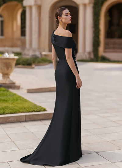 Elegant Asymmetrical Neckline Pleated Sweep Train Satin/Chiffon Evening Dresses