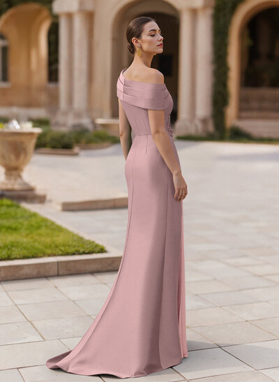 Elegant Asymmetrical Neckline Pleated Sweep Train Satin/Chiffon Evening Dresses