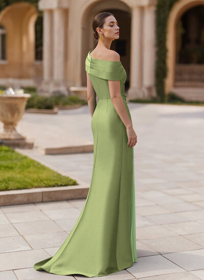 Elegant Asymmetrical Neckline Pleated Sweep Train Satin/Chiffon Evening Dresses Elegant Asymmetrical Neckline Pleated Sweep Train Satin/Chiffon Evening Dresses