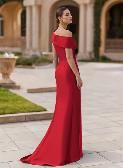 Elegant Asymmetrical Neckline Pleated Sweep Train Satin/Chiffon Evening Dresses
