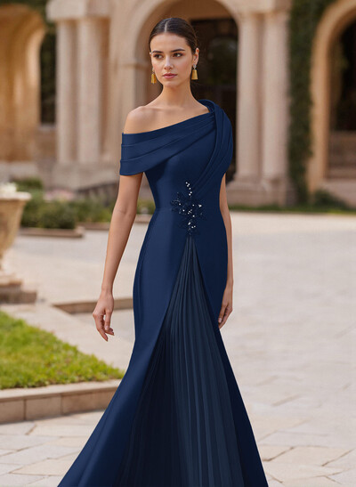 Elegant Asymmetrical Neckline Pleated Sweep Train Satin/Chiffon Evening Dresses