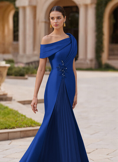 Elegant Asymmetrical Neckline Pleated Sweep Train Satin/Chiffon Evening Dresses