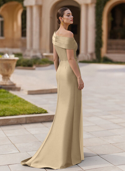 Elegant Asymmetrical Neckline Pleated Sweep Train Satin/Chiffon Evening Dresses