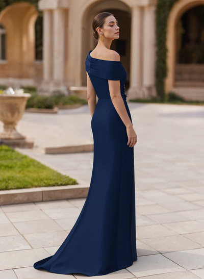 Elegant Asymmetrical Neckline Pleated Sweep Train Satin/Chiffon Evening Dresses