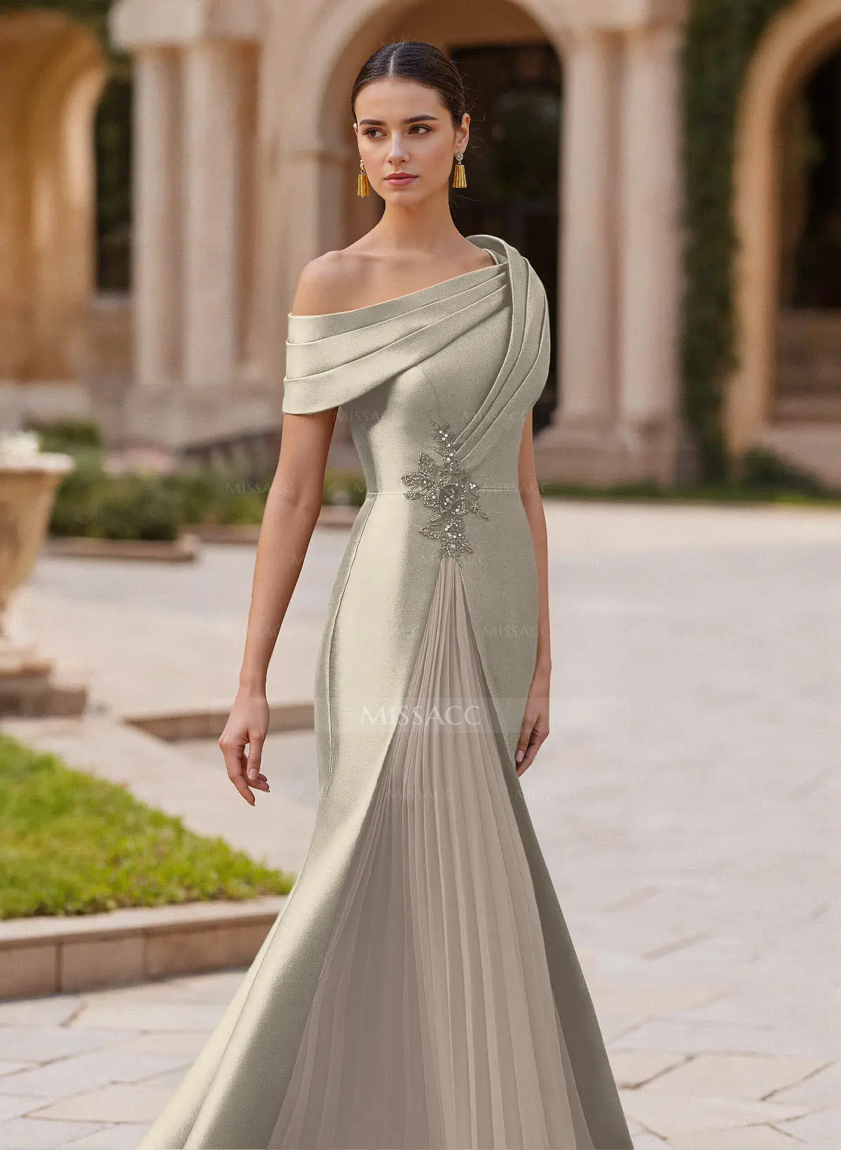 Office Informal Gowns Elegant Asymmetrical Neckline Pleated Sweep Train  Satin/Chiffon Evening Dresses Missacc Canada