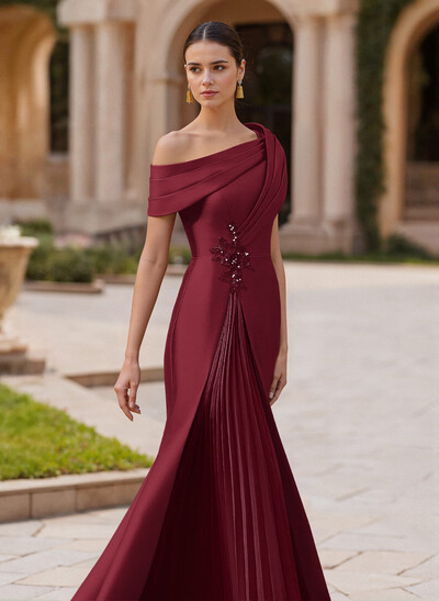 Elegant Asymmetrical Neckline Pleated Sweep Train Satin/Chiffon Evening Dresses