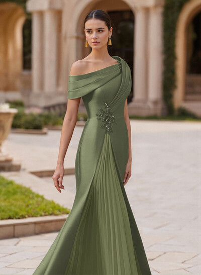 Elegant Asymmetrical Neckline Pleated Sweep Train Satin/Chiffon Evening Dresses