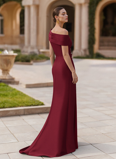 Elegant Asymmetrical Neckline Pleated Sweep Train Satin/Chiffon Evening Dresses