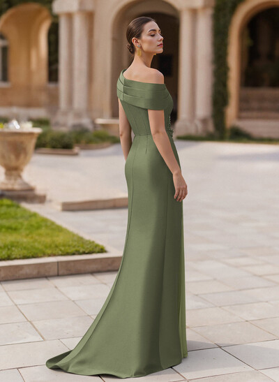 Elegant Asymmetrical Neckline Pleated Sweep Train Satin/Chiffon Evening Dresses