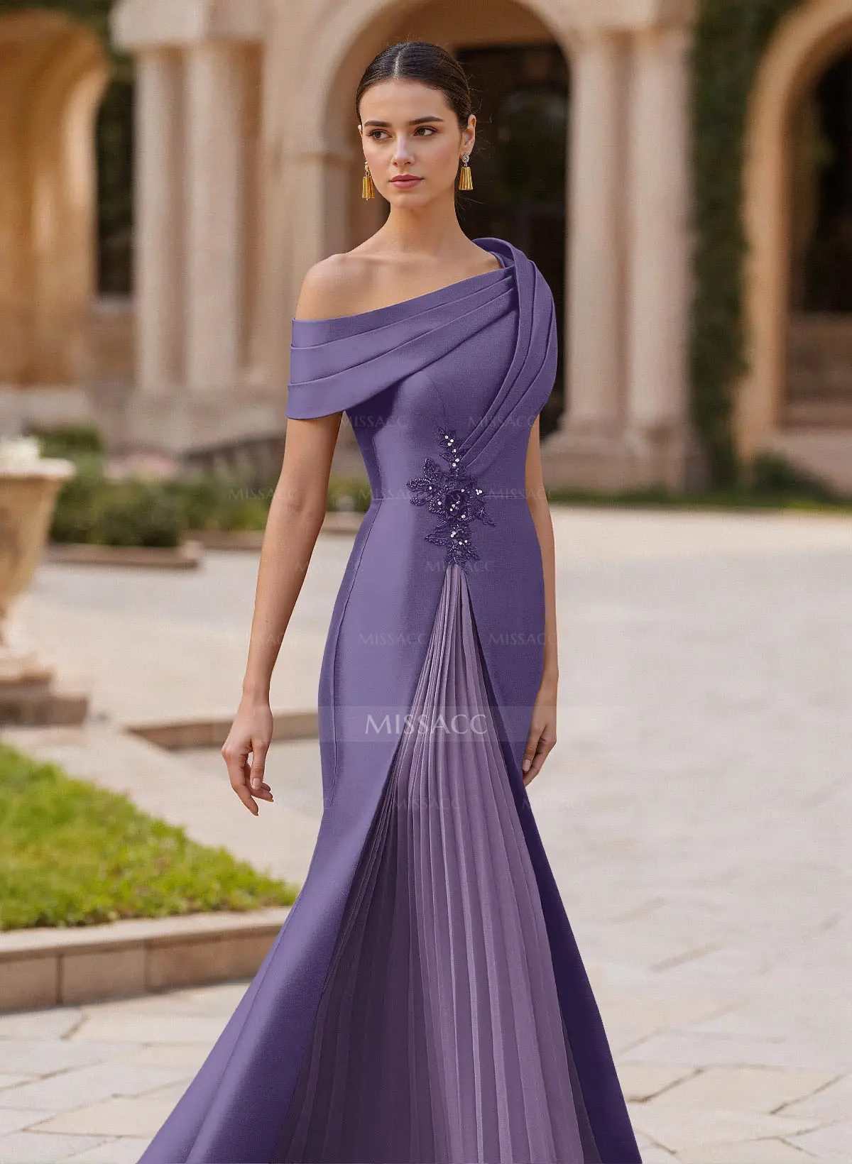 knee length dresses for ladies A-Line Mother of The Bride Dress Formal Wedding Guest Elegant High Low Scoop Neck Asymmetrical Tea Length Satin Lace 3/4 Length Sleeve with Pleats