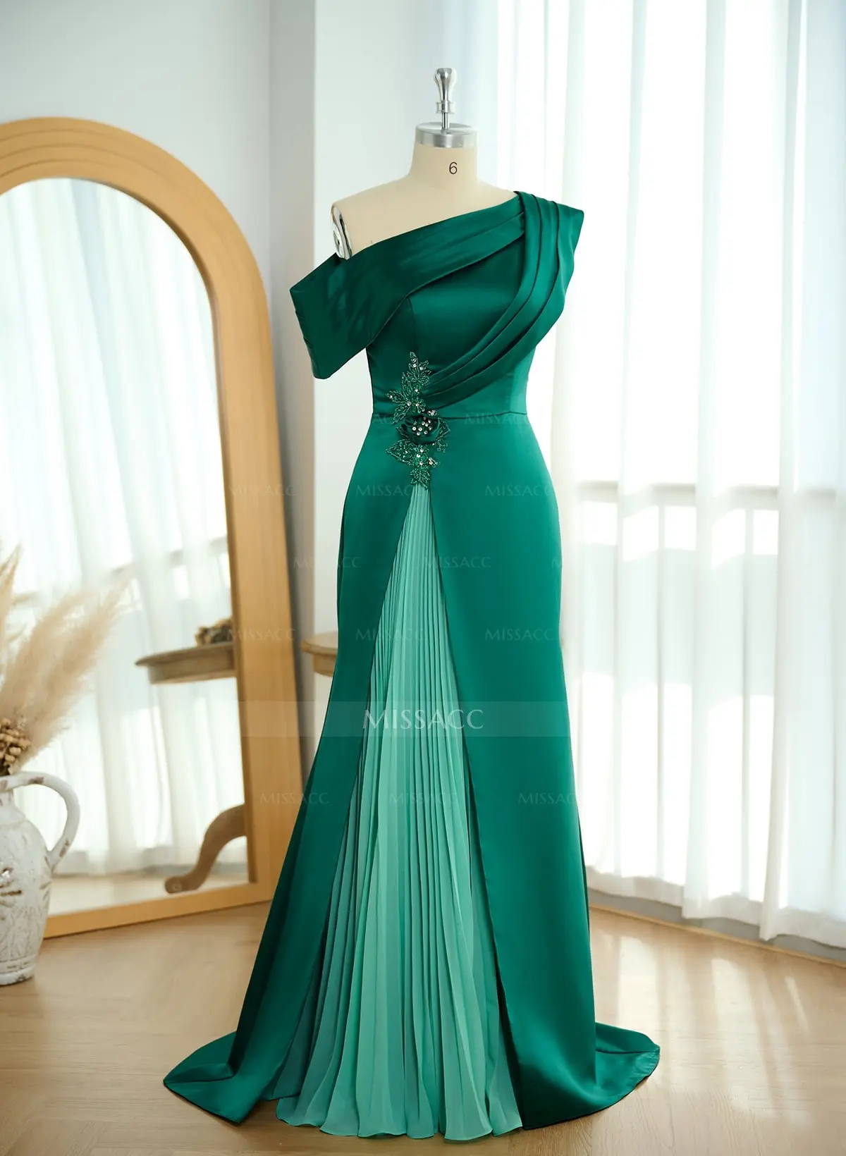 Elegant Asymmetrical Neckline Pleated Sweep Train Satin/Chiffon Evening  Dresses - Missacc